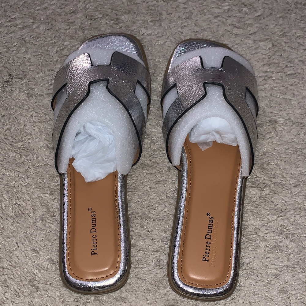 Pierre Dumas Metallic Silver Open-Toe Slide Mules